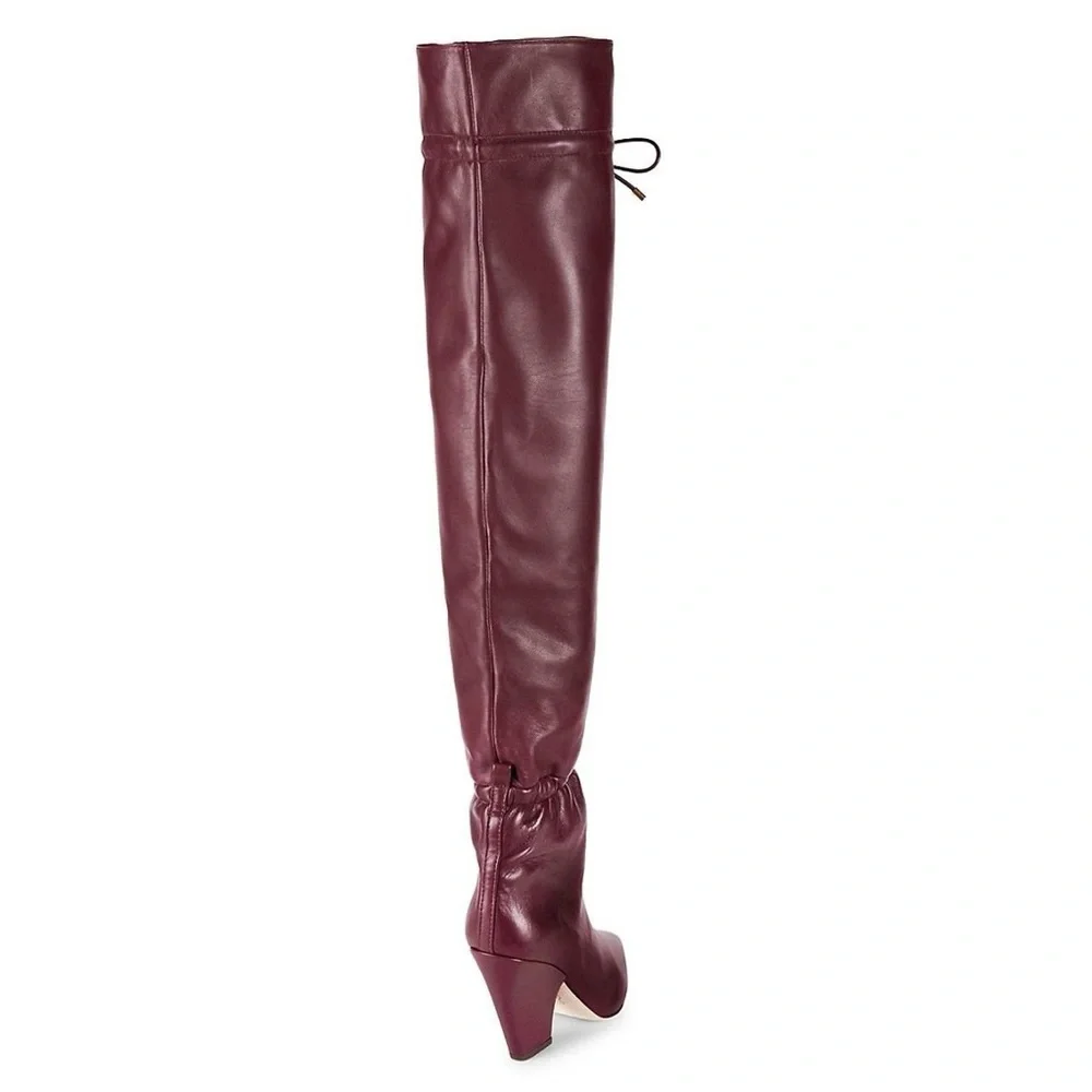Tory Burch Lila Burgundy Leather Over the Knee Block Heel Boots Luxury 7